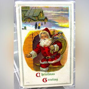 Christmas Greeting Santa Claus Sack of Toys Children’s Presents Vintage Postcard